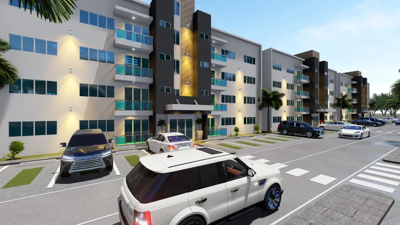 Fachada y parqueos de un residencial terminado