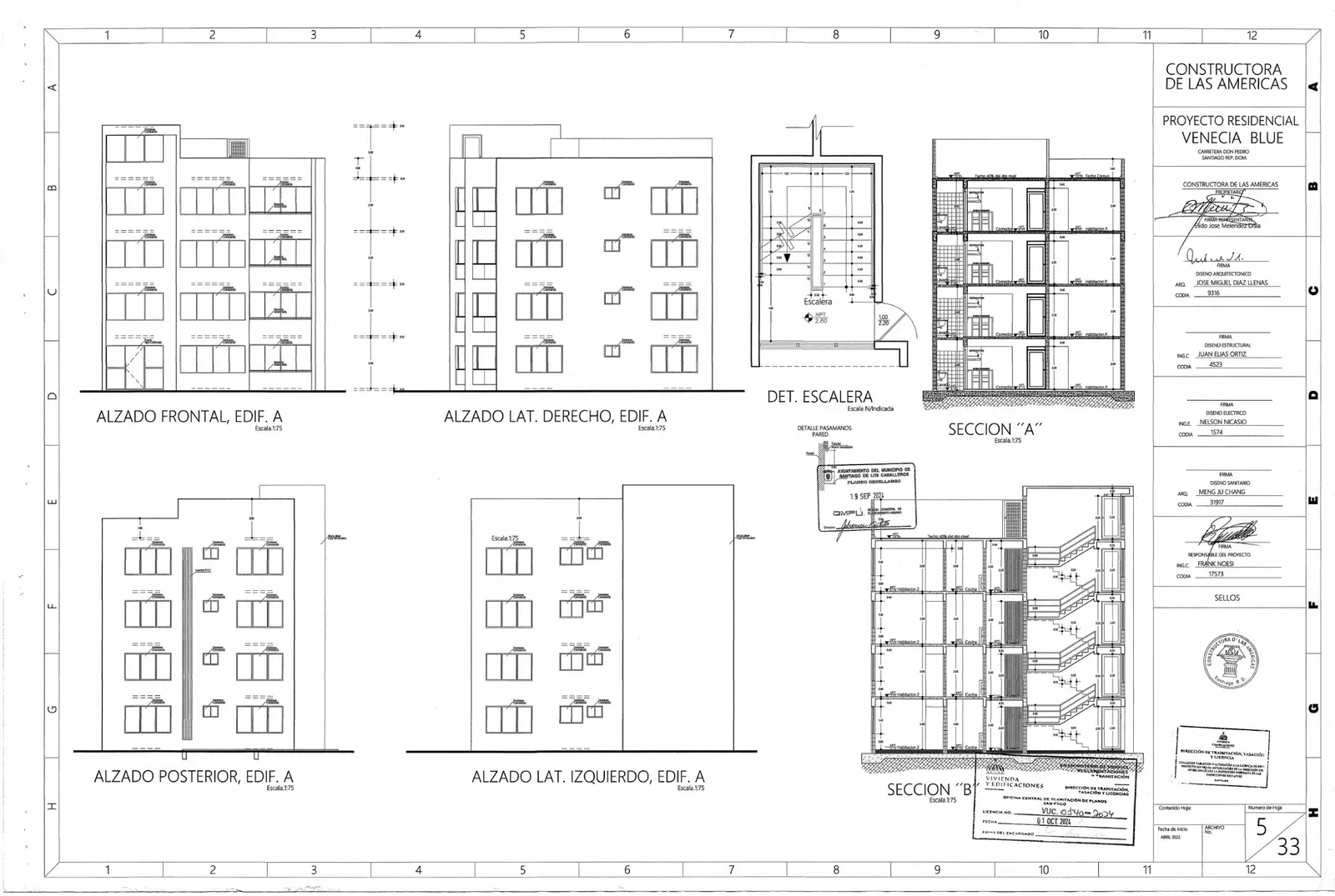 Alzados y secciones del edificio tipo A